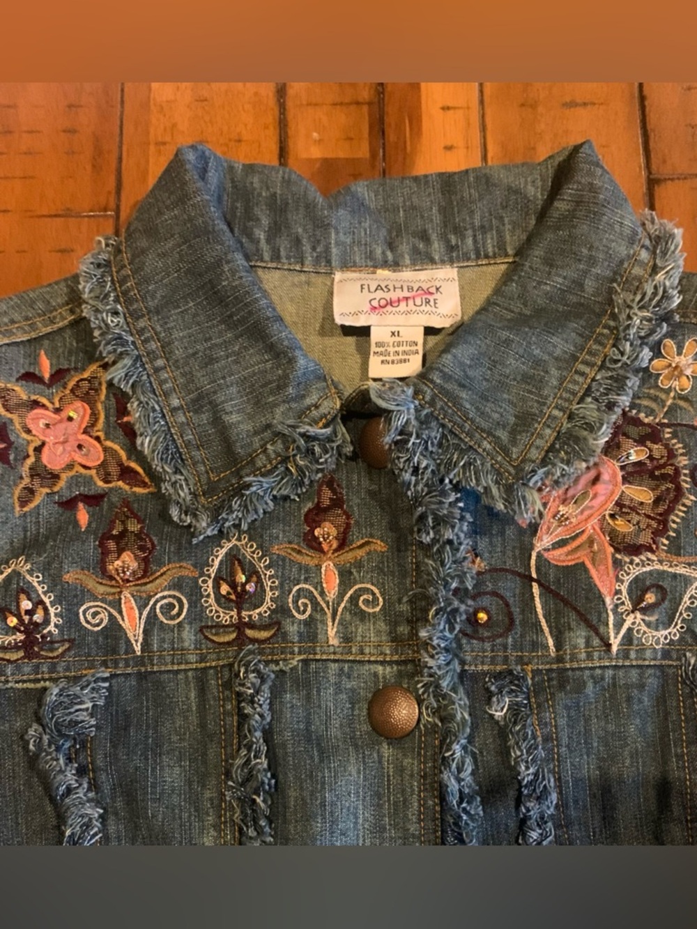 Vintage Boho Western Fringe Embroidered Denim Jean Jacket XL Floral Lace Beaded - Picture 2 of 11